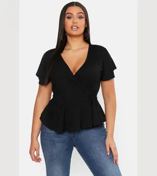 Ribbed Wrap Cap Sleeves Peplum Top