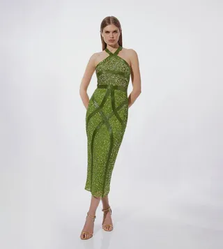 Embellished Woven Halter Midi Dress