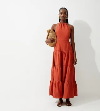 Viscose Linen Woven Tiered Halter Maxi Dress