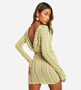 Cowl Back Stripe Sheer Knitted Mini Dress