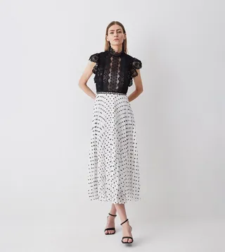 Guipure Lace Dot Pleated Skirt Midi Dress