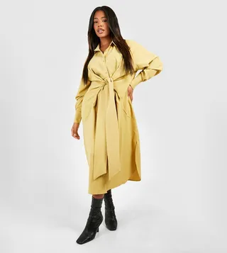 Plus Textured Woven Tie Front Midi Shirt Dress