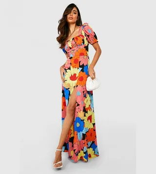 Bold Floral Puff Sleeves Maxi Dress