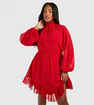 Curve Dobby Mesh Long Sleeves Frill Hem Mini Dress