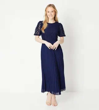 Lace Pleated Chiffon Midi Dress