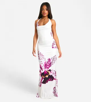 Floral Cowl Neck Slinky Maxi Dress