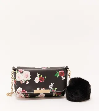 Printed Crossbody Bag with Pom-Pom Detail