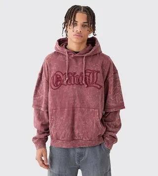 Oversized Faux Layer Acid Wash Embroidered Hoodie