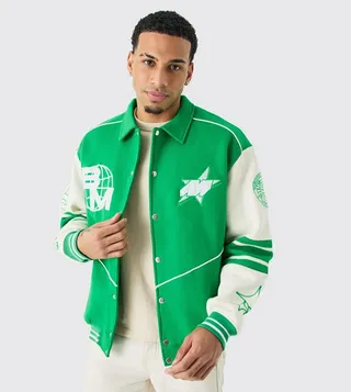 Oversized Embroidered Harrington Jersey Bomber Jacket