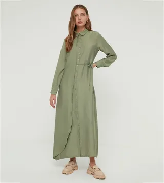 Shirt Collar Ruffle Detailed Dress