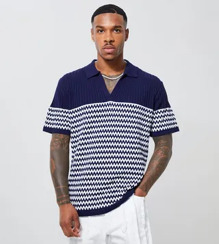 V-Neck Striped Knitted Polo T-Shirt