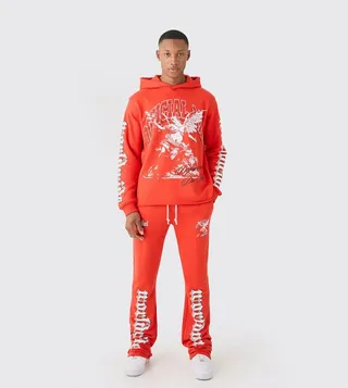 Regular Fit Large Graphic Raw Hem Flared Tracksuit