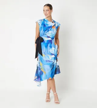 Printed Tie Side Satin Midi Dress
