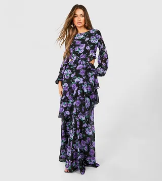 Floral Chiffon Frill Detail Cut Out Maxi Dress