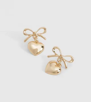 Gold Bow & Heart Drop Earrings