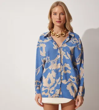 Patterned Long Sleeves Oversized Satin Shirt