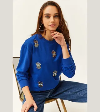 Evil Eye Embroidered Long Sleeves Sweatshirt