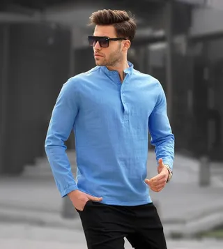 Solid Madarin Collar Woven Shirt