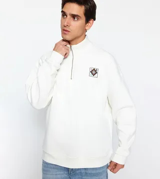 Embroidered Zippered Stand Collar Long Sleeves Oversized Sweatshirt