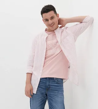 Striped Band Collar Linen Button-Up Shirt