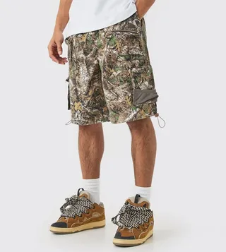 Forest Camo Elastic Waist Parachute Cargo Shorts