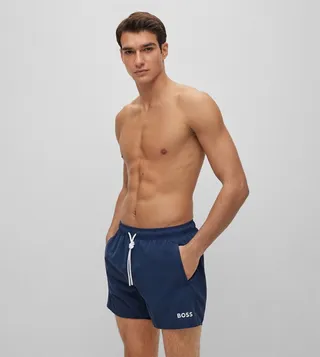 Quick-Drying Swim Shorts with Contrast Logo