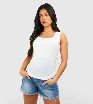 Over The Bump Frayed Hem Denim Shorts