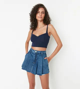 Pleated Waist Denim Shorts Skirt