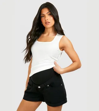 Over Bump Roll Hem Denim Mom Fit Shorts