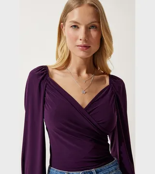 Solid V-Neck Bishop Sleeves Top