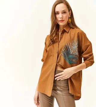 Sequined Oversized Poplin Shirt