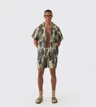 Ripstop Blur Camo Print Shirt & Mid Rise Swim Short Set