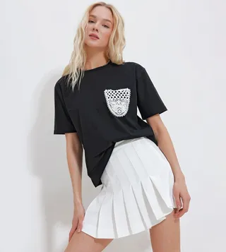 Guipure Pocket Crew Neck T-Shirt
