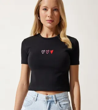 Heart Embroidered Crop T-Shirt