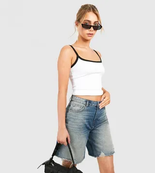 Longline Fray Hem Boyfriend Denim Shorts
