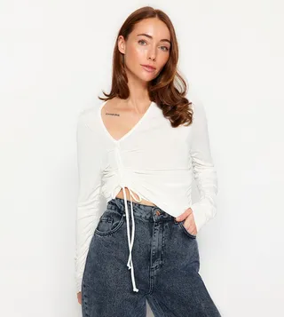 Ruched Asymmetric Neck Knittted Top