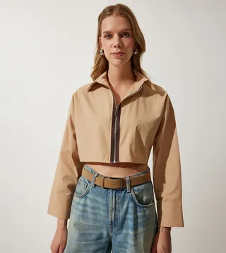 Solid Zippered Crop Shirt