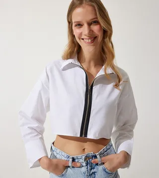 Solid Zippered Crop Shirt