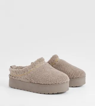 Borg Embroidered Flatform Mules