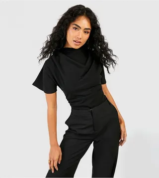 Jersey Crepe Cowl Neck Drape Shoulder Top