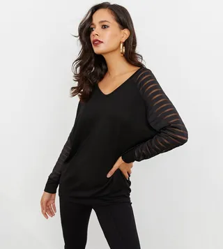 Sheer Sleeves V-Neck Top