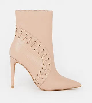 Leather and Suede Eyelet Heeled Boot