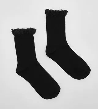 Pack of 2 Ribbed Crew Socks with Lace Trim