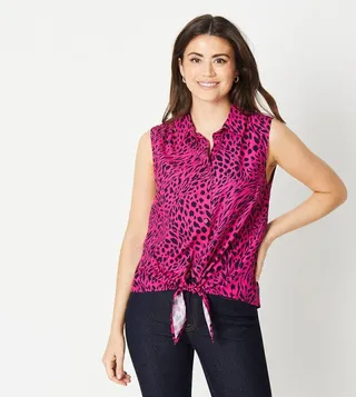 Patterned Viscose Tie Front Sleeveless Shirt