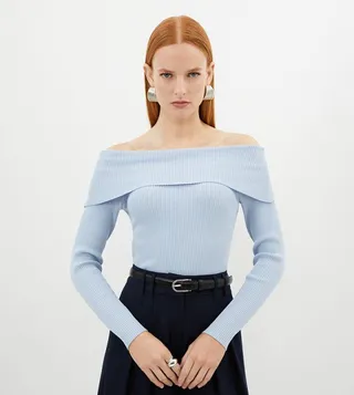 Light Weight Summer Knit Ribbed Bardot Top