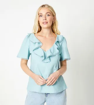 Petite Linen Trim Frill Neck Top