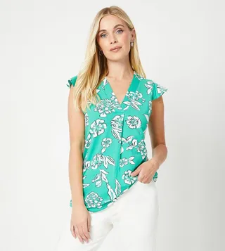 Petite Floral Print Cap Sleeves Frill Top