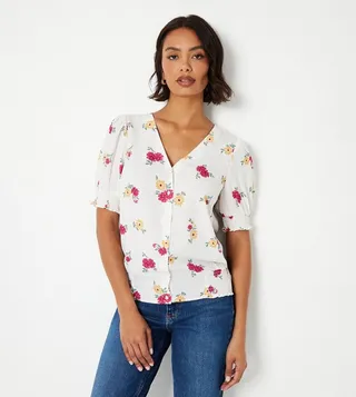 Floral Print Button Through Short Sleeves Top