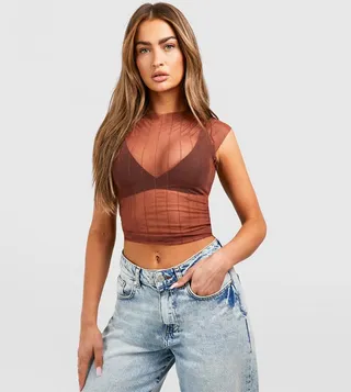 Mesh Cap Sleeves Crop Top