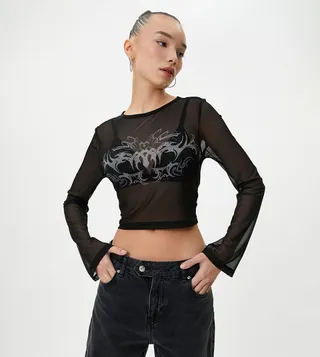 Tulle Detail Crop T-Shirt
